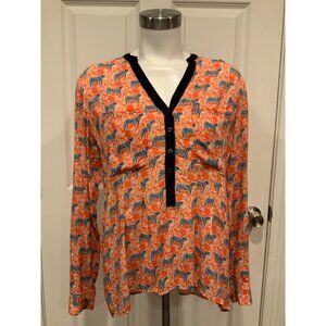 Vanessa Virginia Orange, Tan & Blue Tiger Floral Print Popover Shirt, Size 6